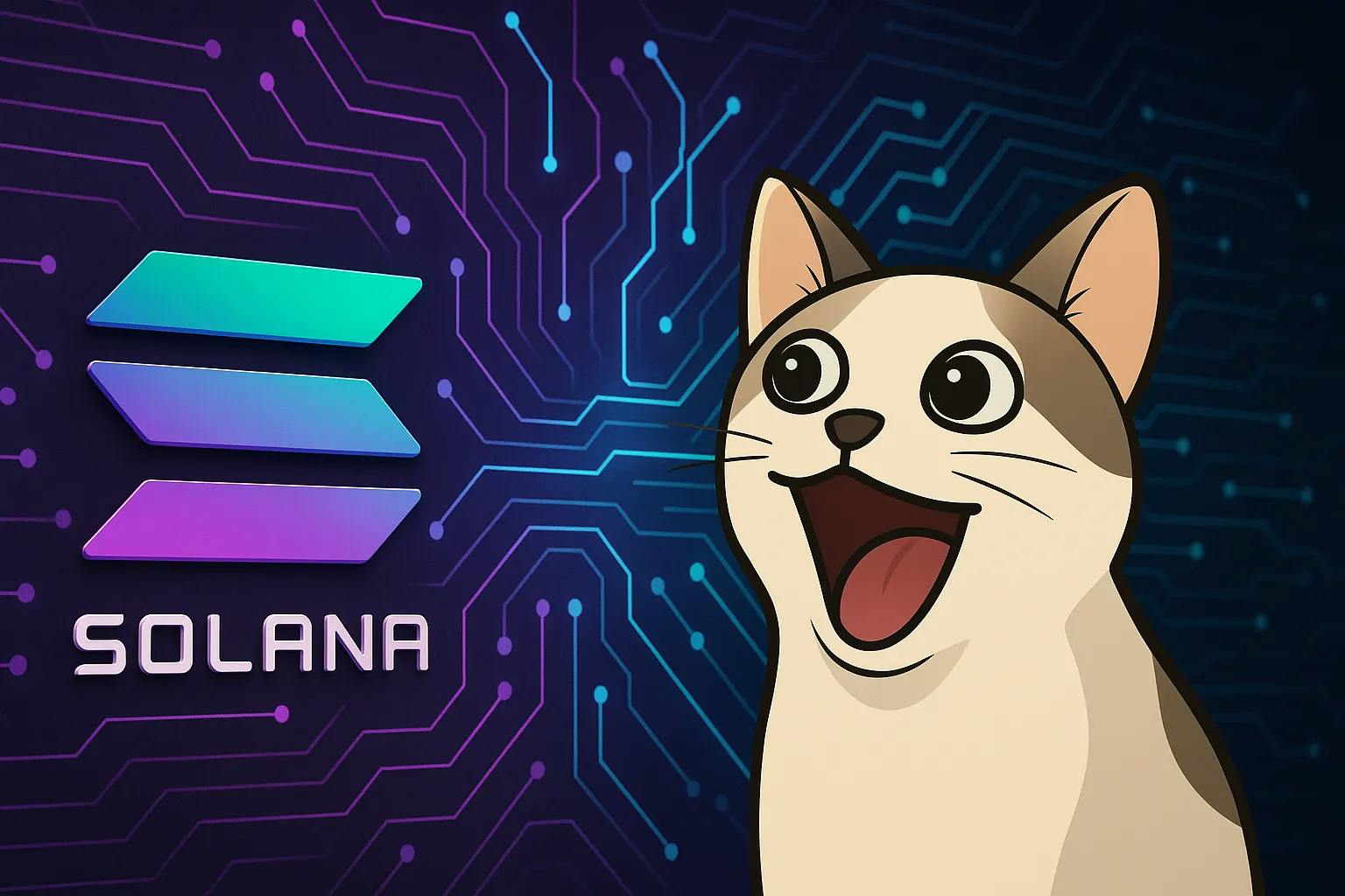 Collage of top Solana memecoin mascots in 2025 featuring Bonk, Dogwifhat, Pudgy Penguins, and Popcat