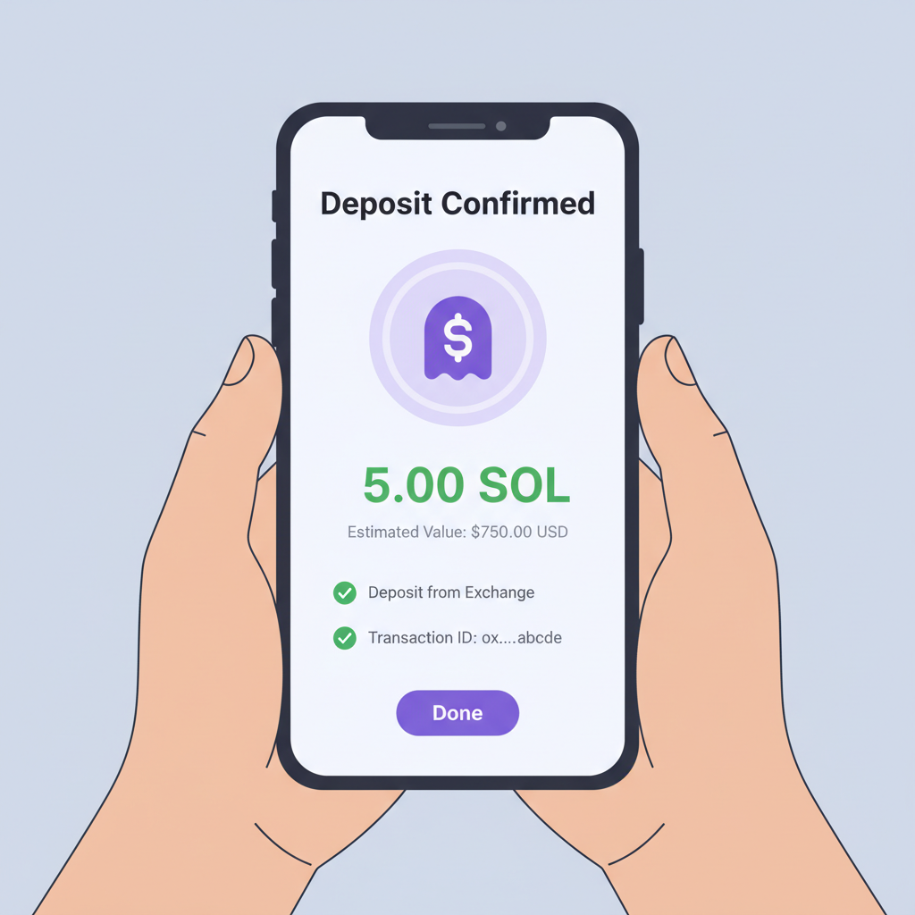 Phantom wallet showing SOL balance deposit confirmation