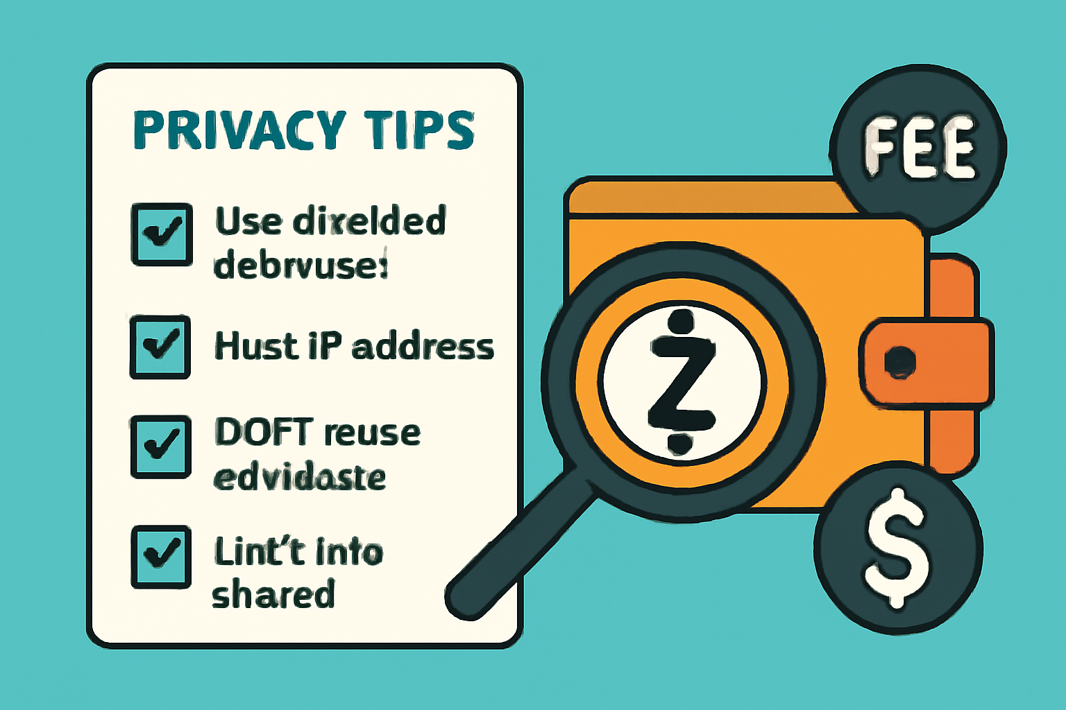A checklist with privacy tips, a magnifying glass over a ZEC wallet, and fee icons.