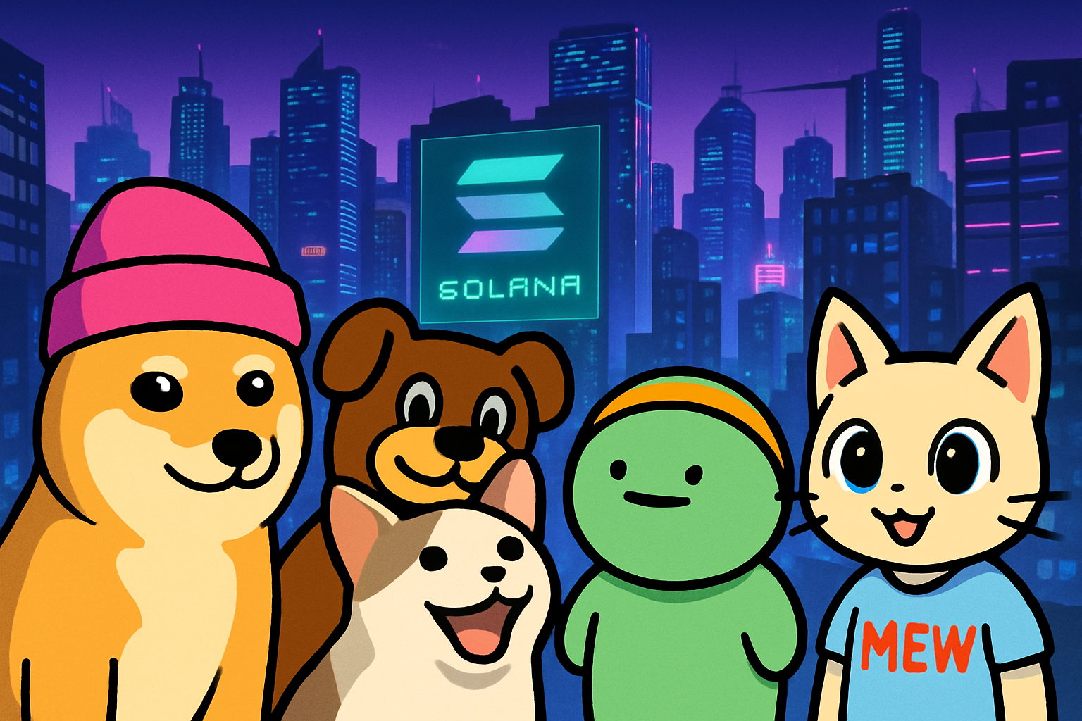 Collage of dogwifhat, Bonk, Popcat, BOME, Myro, and MEW mascots in a futuristic Solana cityscape, representing top Solana meme coins to watch in 2025.