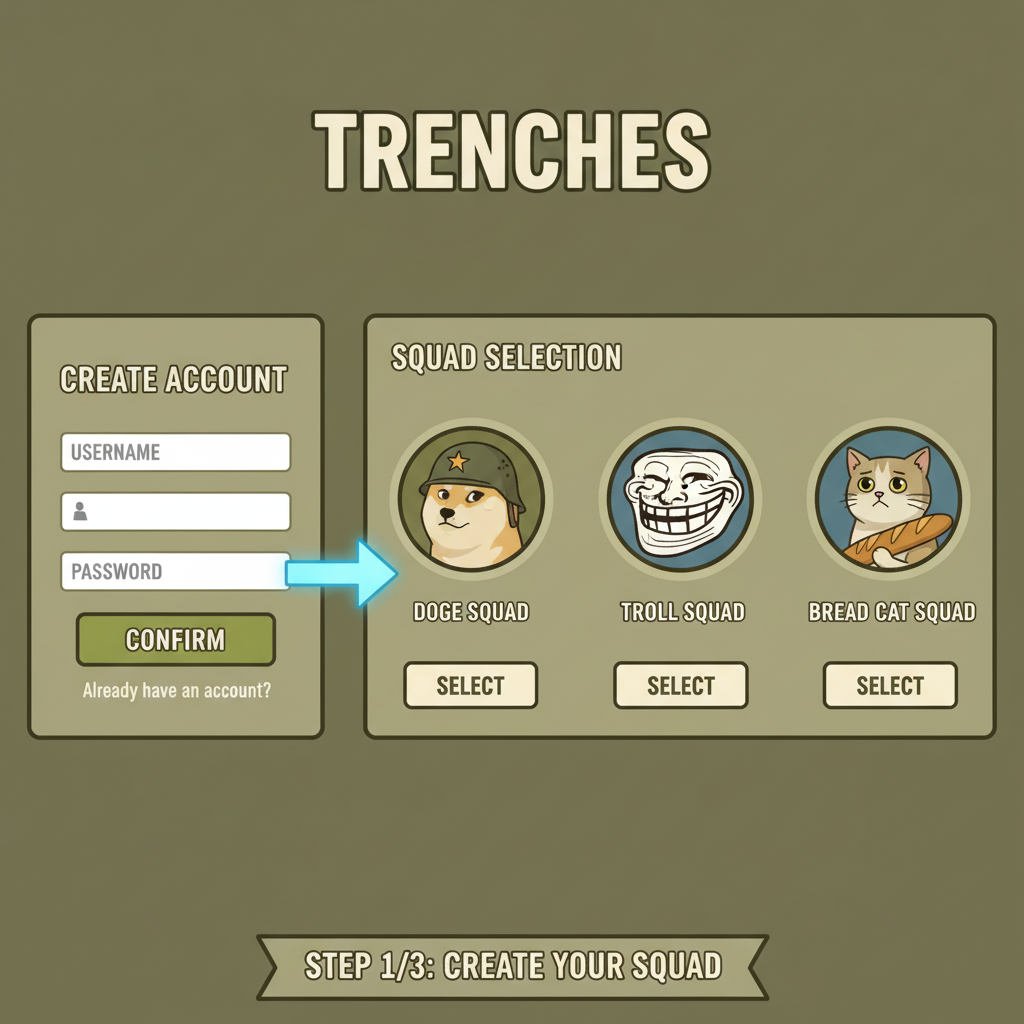 Trenches game lobby screen, player creating account and squad selection interface, meme characters visible