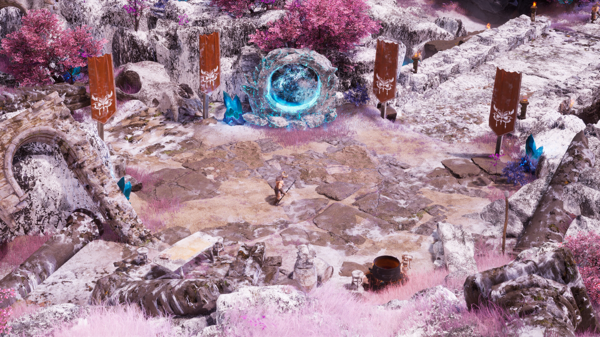 Sweeping view of Valannia's medieval fantasy world in Unreal Engine 5, showcasing vast landscapes, castles, and magical scenery from the upcoming Solana blockchain MMO-RTS game.