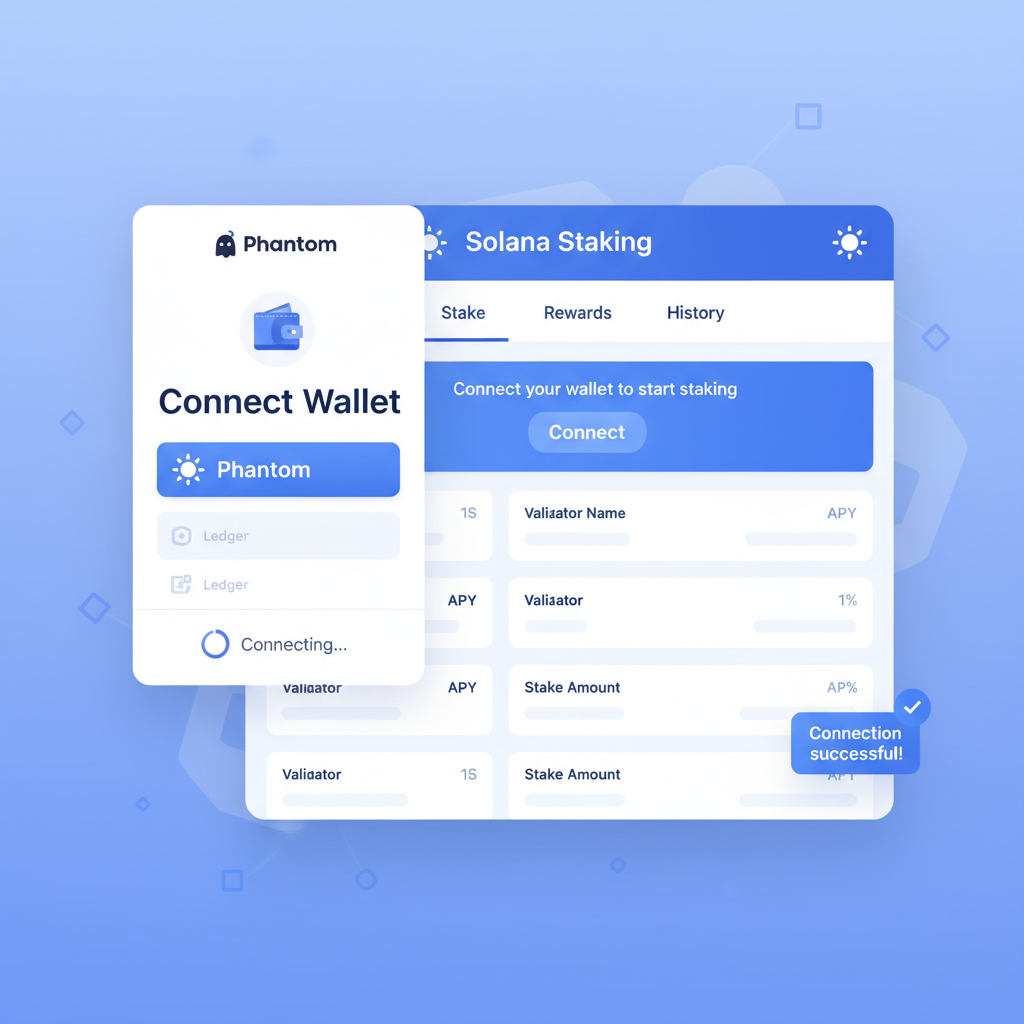 /imagine prompt: clean UI screenshot of Phantom wallet connecting to Solana dApp staking page, blue theme, professional --ar 16:9