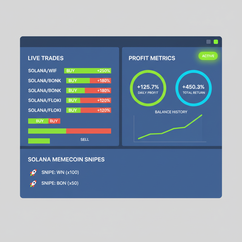 activated copy trading dashboard showing live trades, profit metrics, Solana memecoin snipes