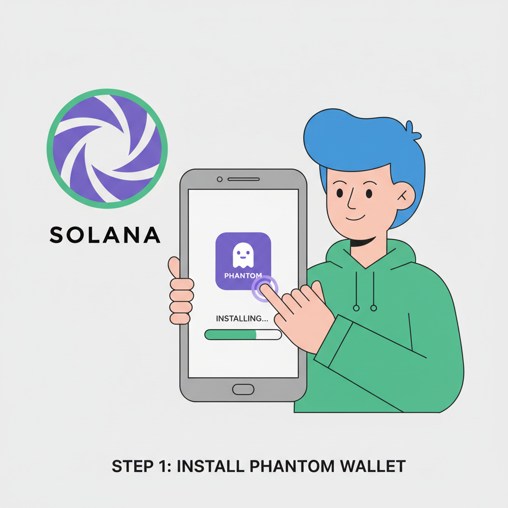 cartoon user installing Phantom wallet on smartphone, Solana logo, clean interface