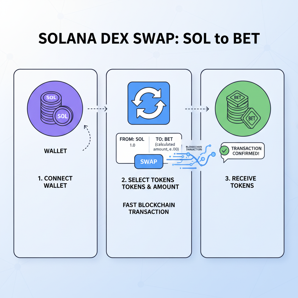 solana DEX swap SOL to BET token, transaction graph, fast blockchain animation
