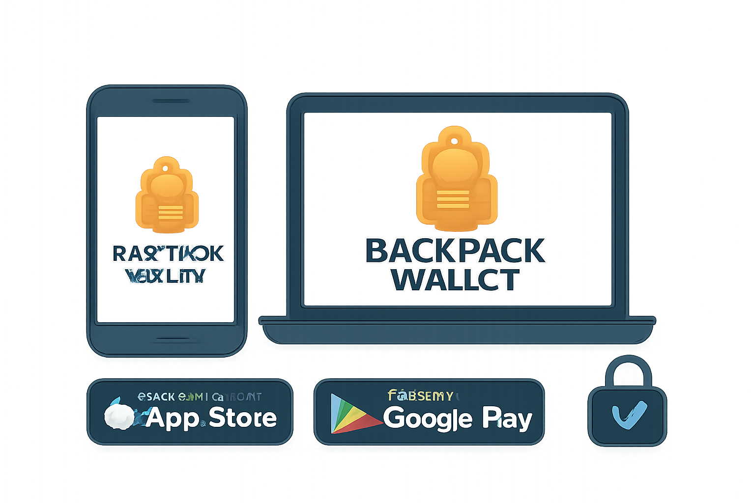 A smartphone and laptop displaying the Backpack Wallet logo, with app store icons and a secure download symbol.